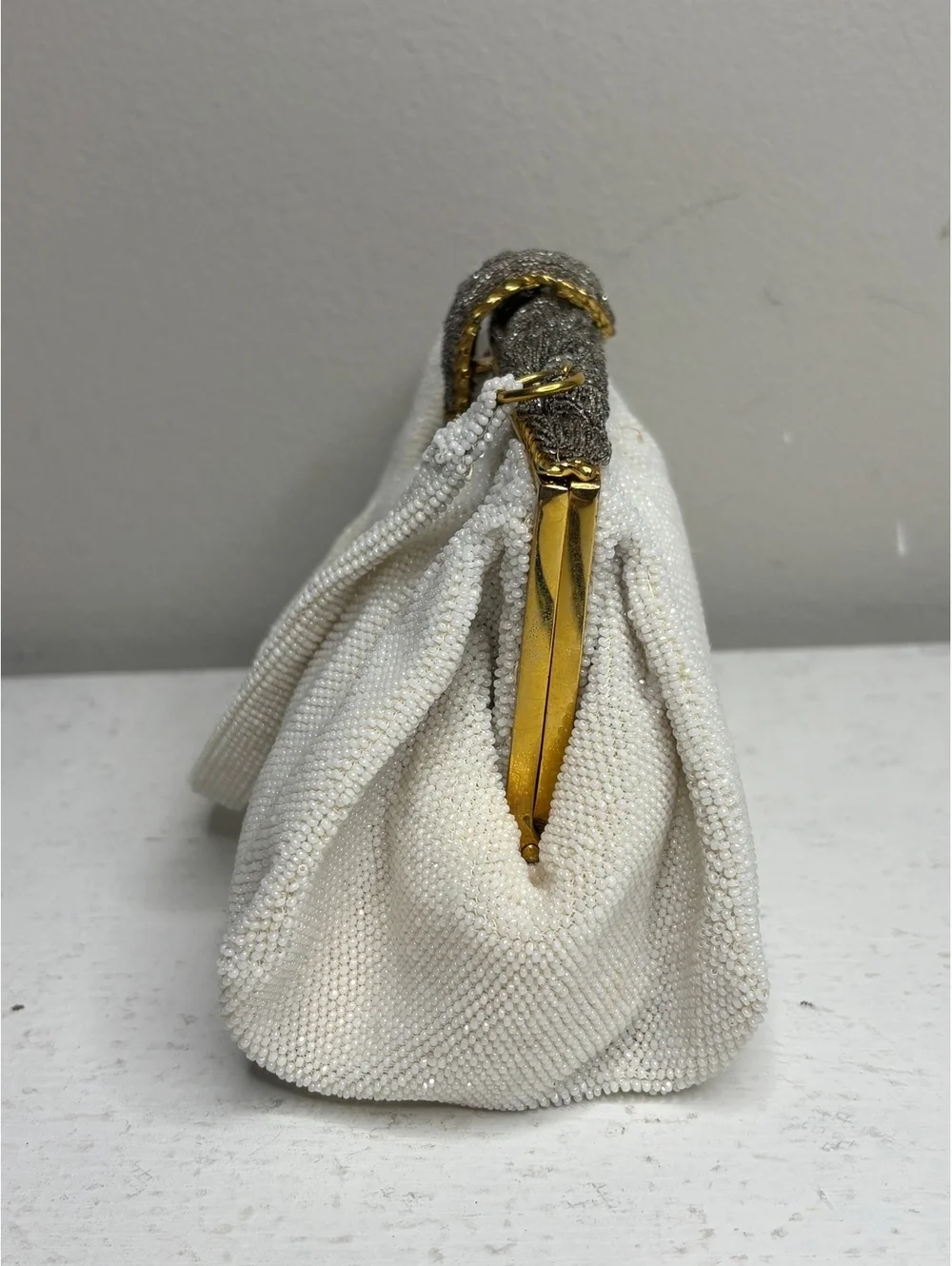 Vintage Manhill Paris White & Silver Seed Bead with Rhinestone Evening Bag